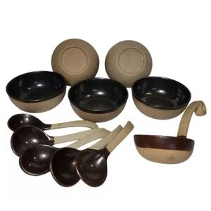 11 Pc Stoneware Bowl Set 5 Small Bowls Spoons Ladel Brown Crock Soup Dips